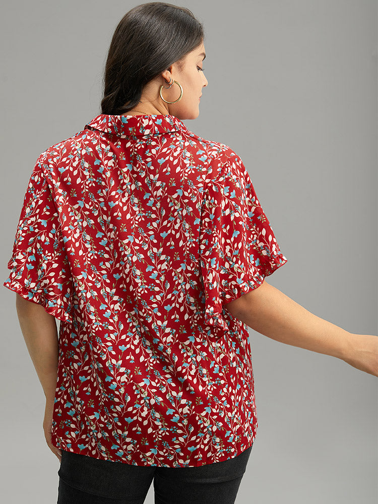 Ditsy Floral Shirt Collar Button Through Ruffle Sleeve Blouse