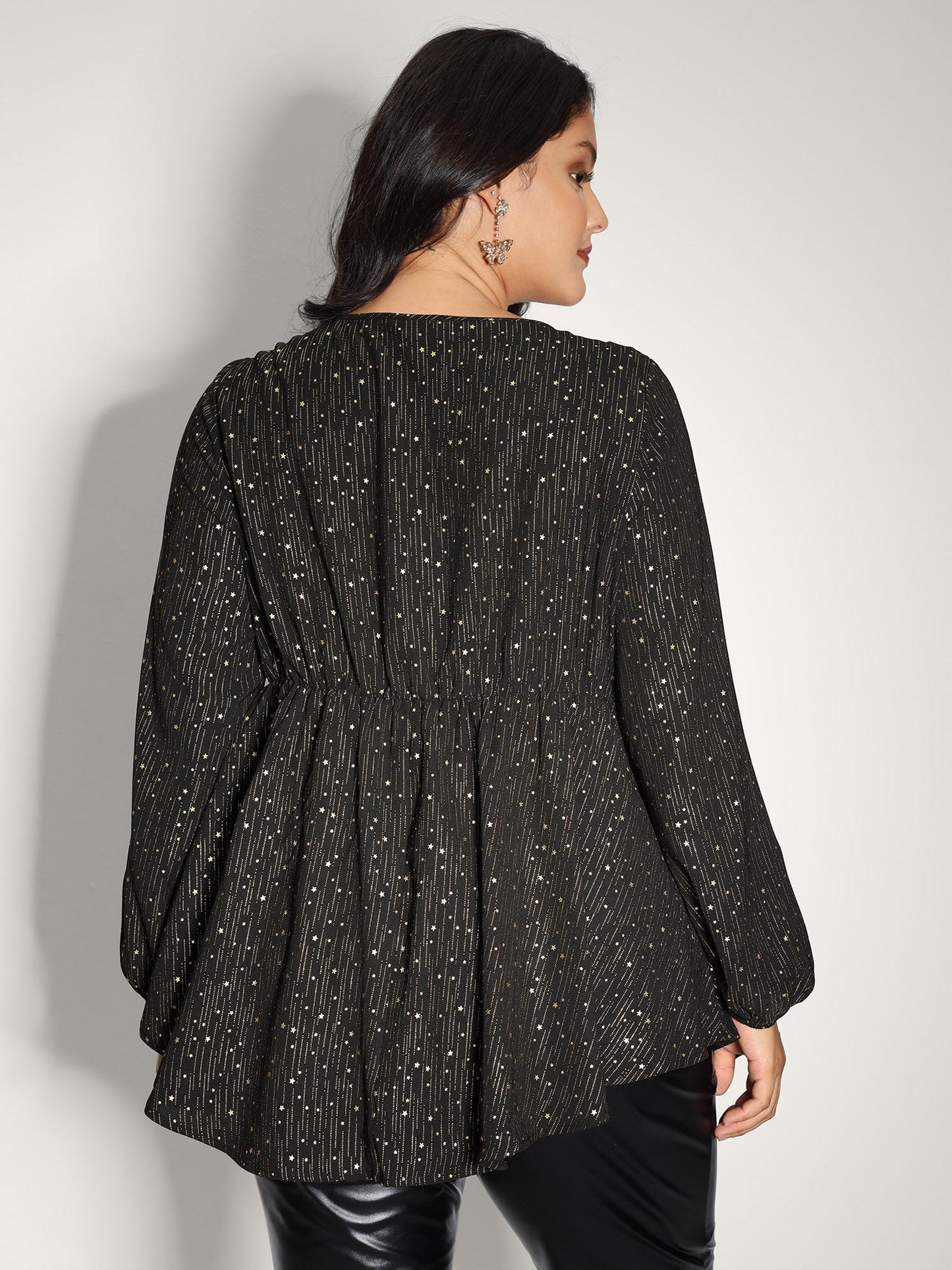 Gold Stamp Ruched Neckline Flowy Blouse