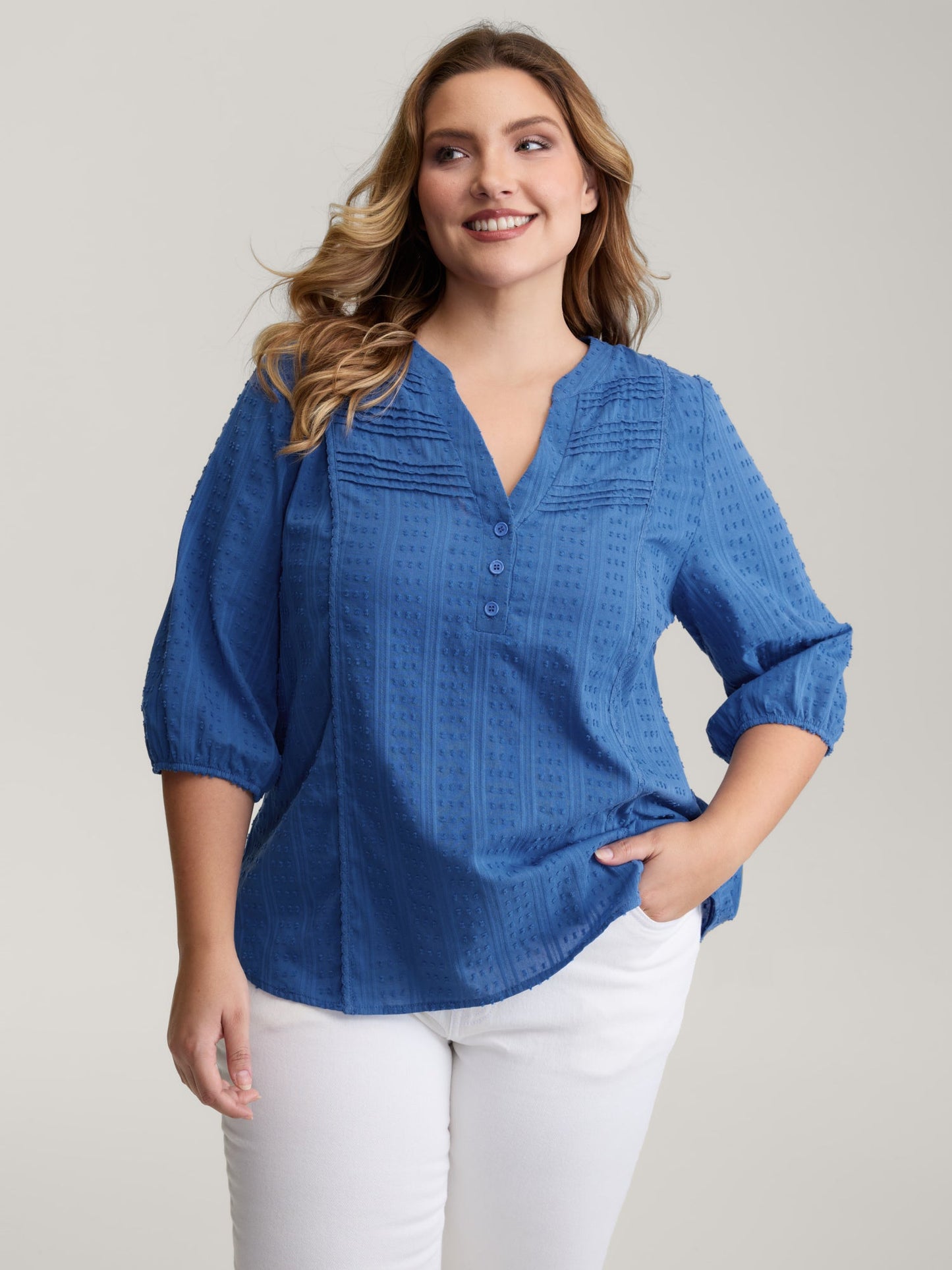 Textured Pleated Notched Neckline Blouse