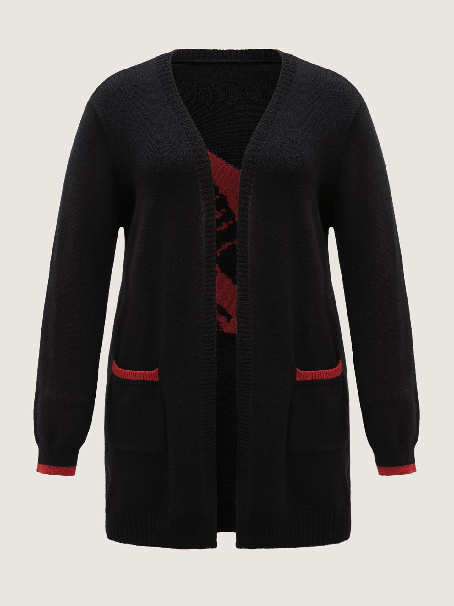 Lobster Jacquard Pockets Color Block Knit Cardigan