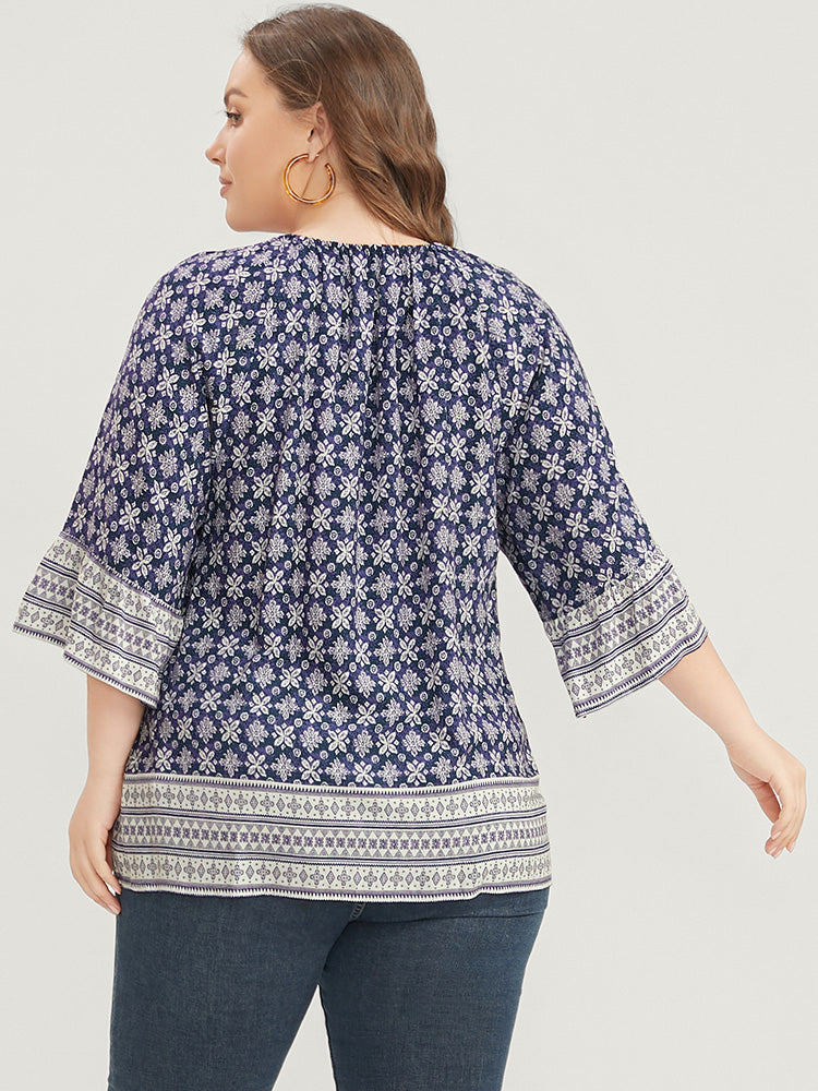 Floral Print Bell Sleeve Knotted Round Neck Blouse