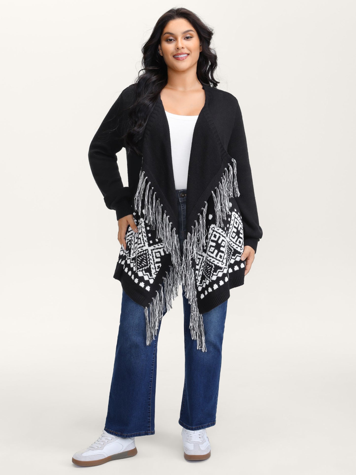 Geometrical Print Tassels Knit Cardigan