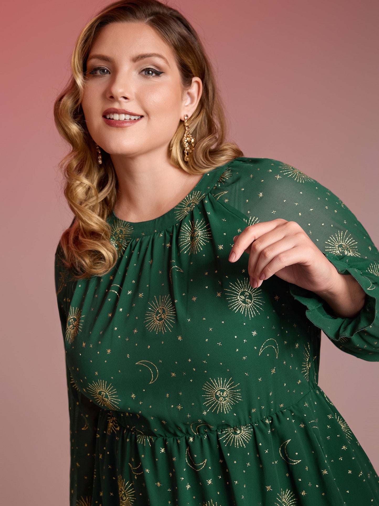 Chiffon Gold Celestial Print Tiered Midi Dress