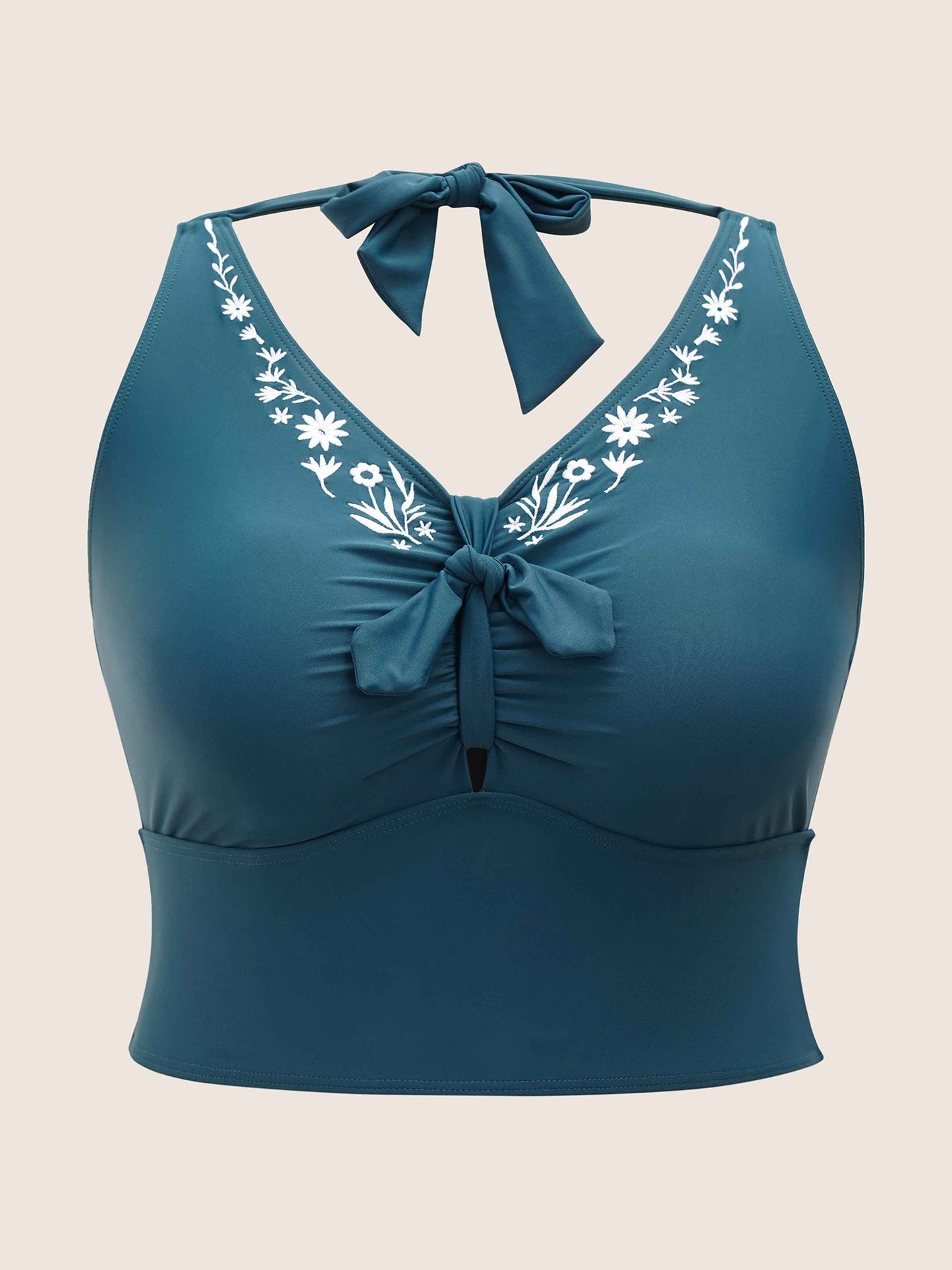 Floral Embroidered Knot Ruched Swim Top