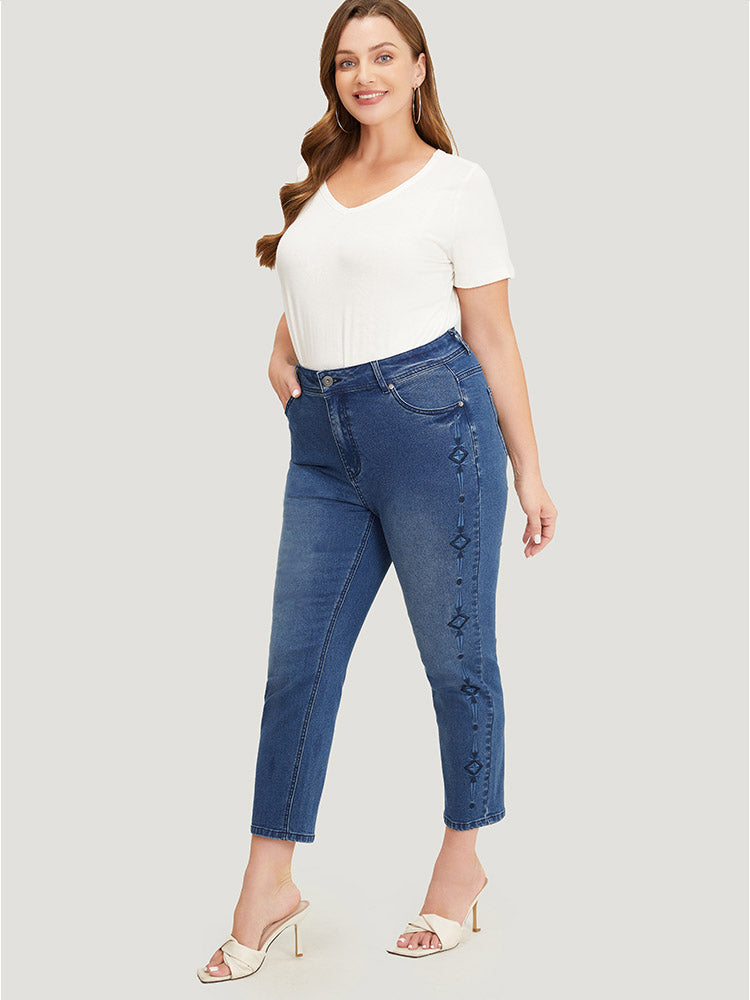 Very Stretchy Medium Wash Geometric Embroidered Jeans