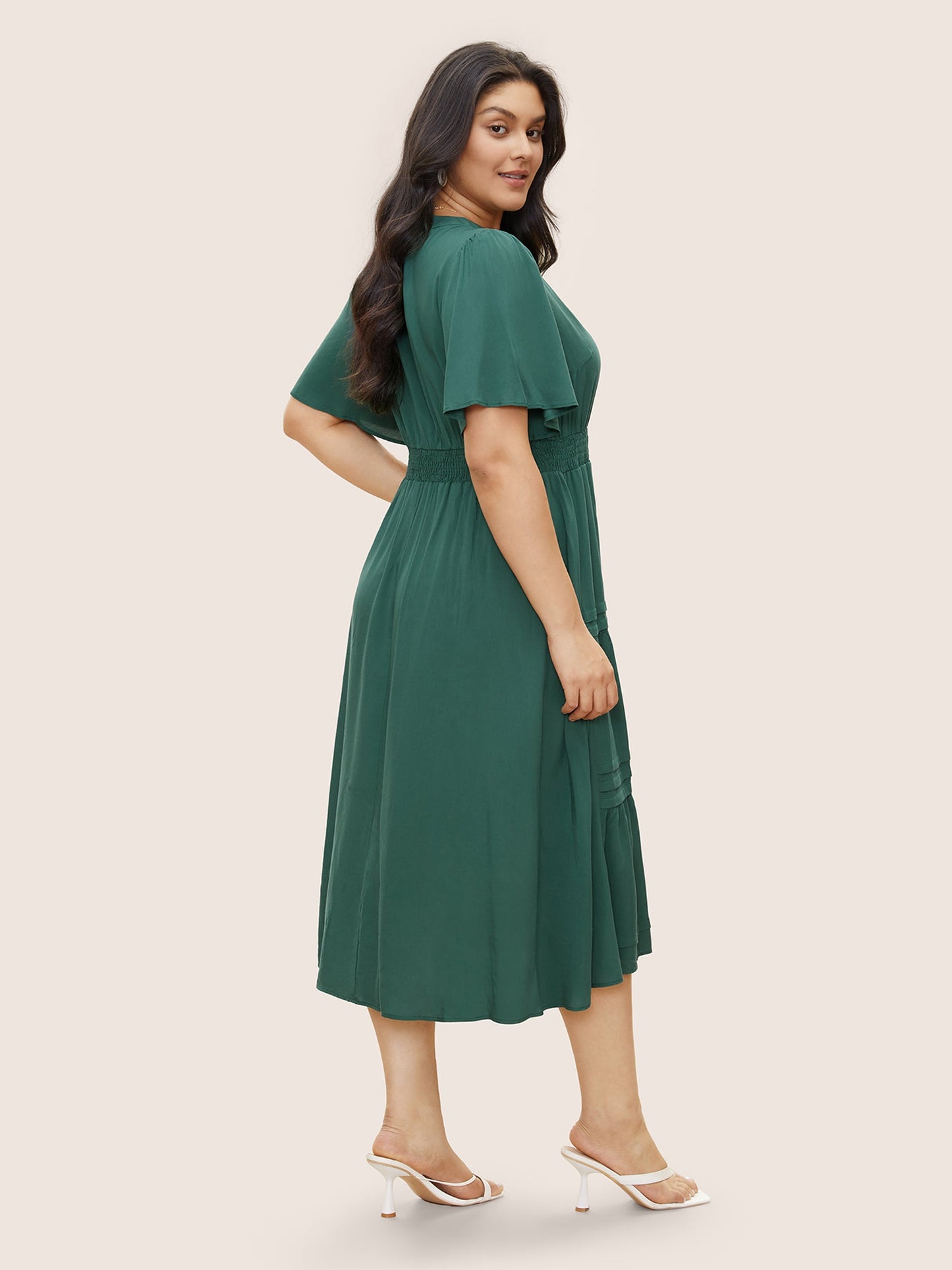 Plain Shirred Notched Pocket Pleated Dress