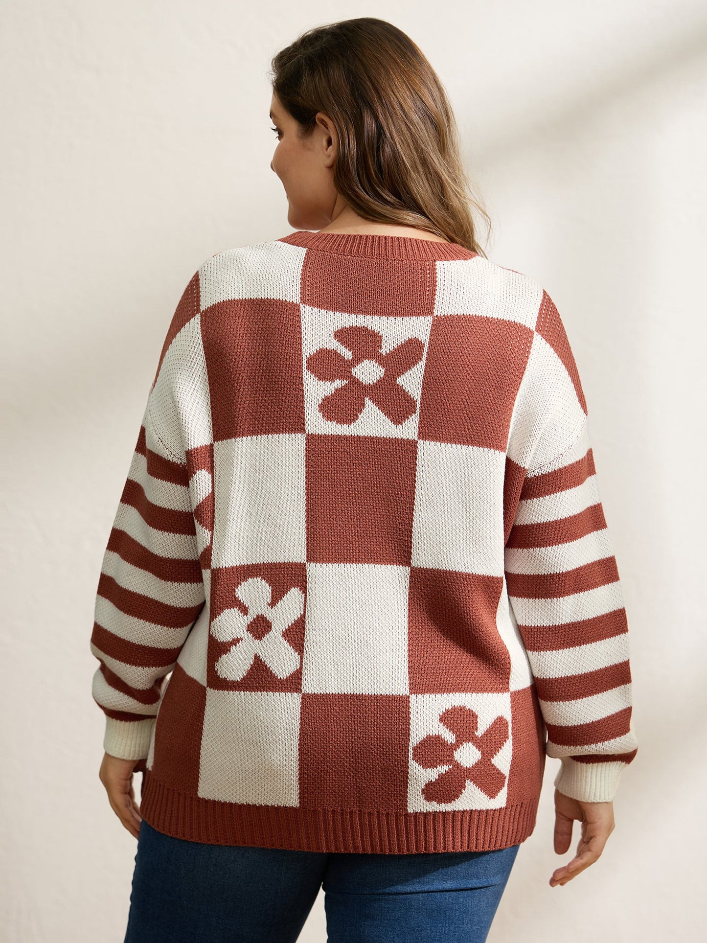 Checkered Floral Stripe Sleeve Jacquard Pullover