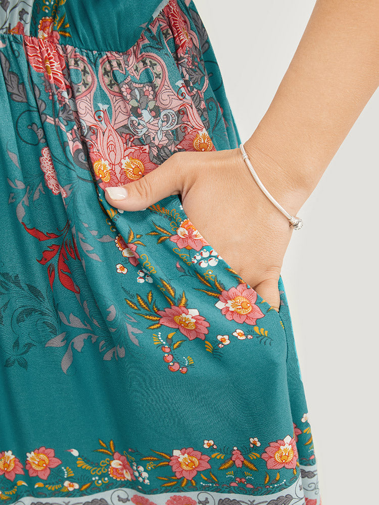 Bandana Print Ruffle Sleeve Pocket Tie Neck Tassels Dress