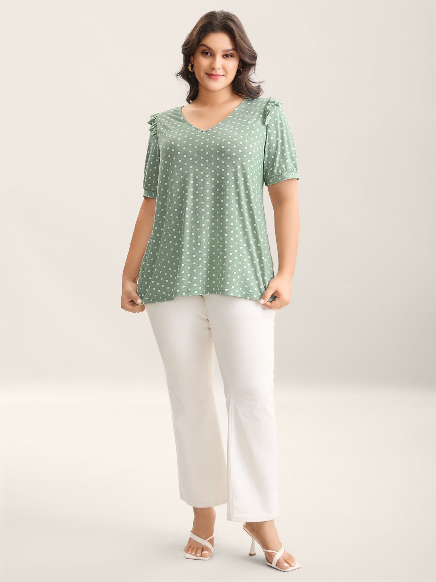Polka Dots Stretchy Puff Sleeve Top