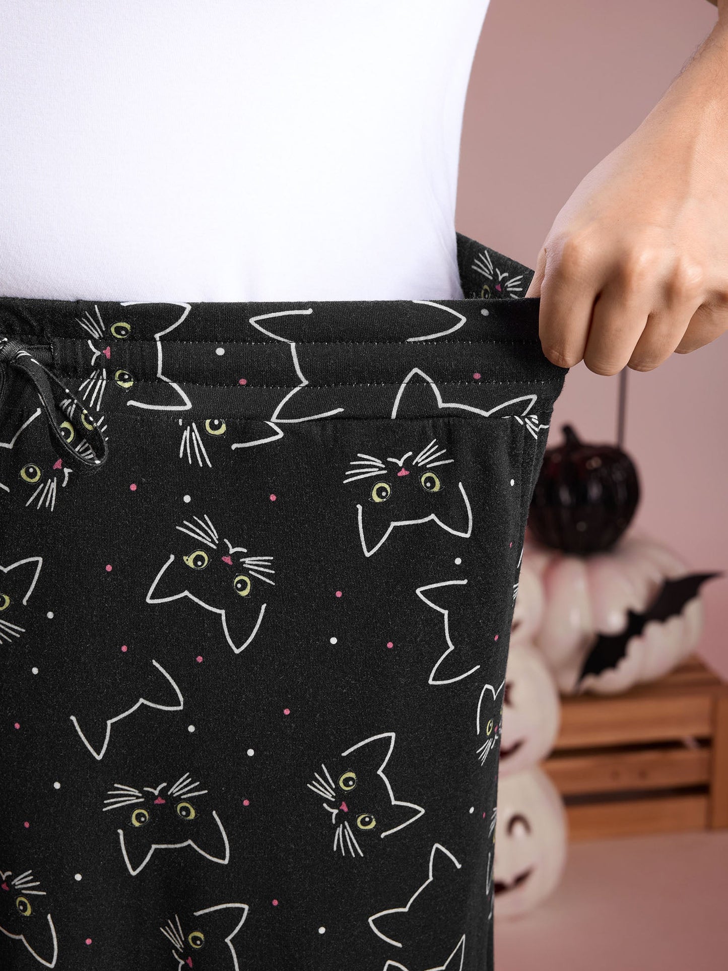 Meow Halloween Print Wide-Leg Lounge Pants