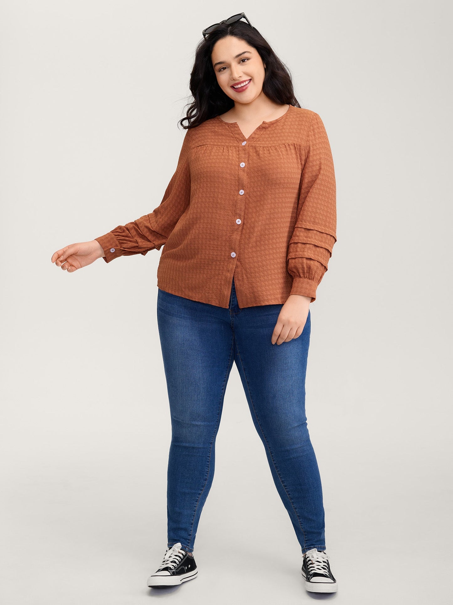 Textured Button Detail Pleated Button-Down Shirt