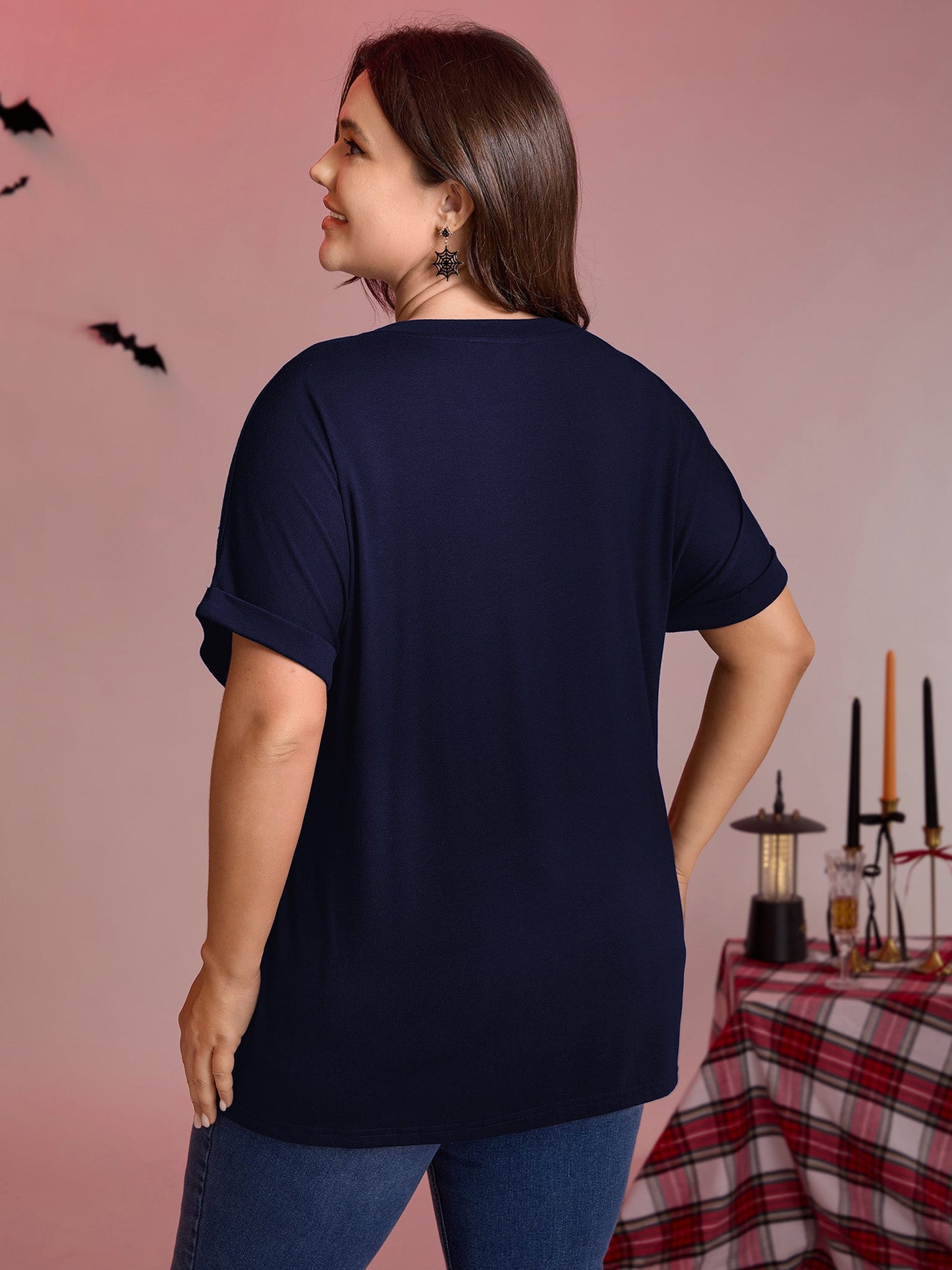 Spiderweb Rhinestone Stretchy Solid T-Shirt