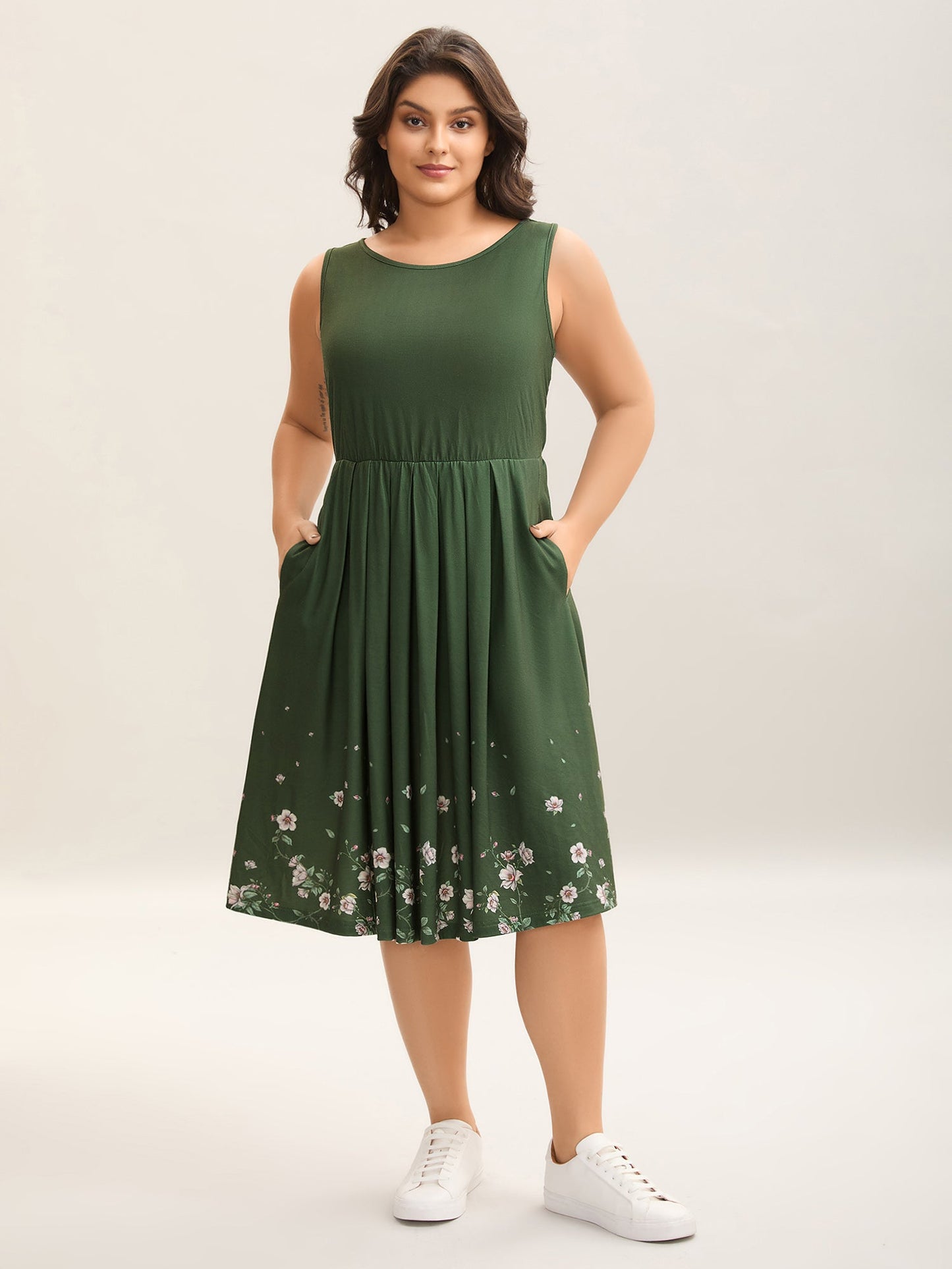 Floral Hem Print Cinched-Waist Midi Dress