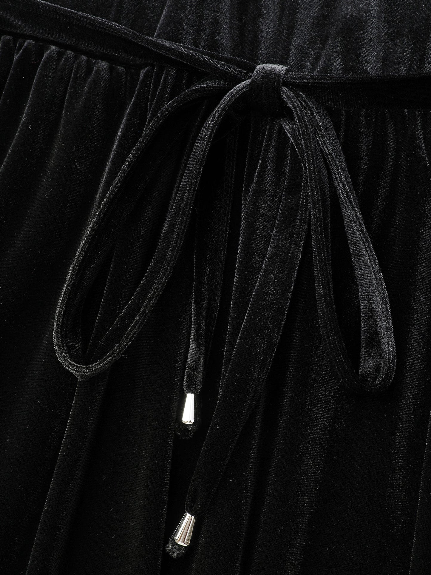 Velvet Sheer Neckline Belted Waist Maxi Dress
