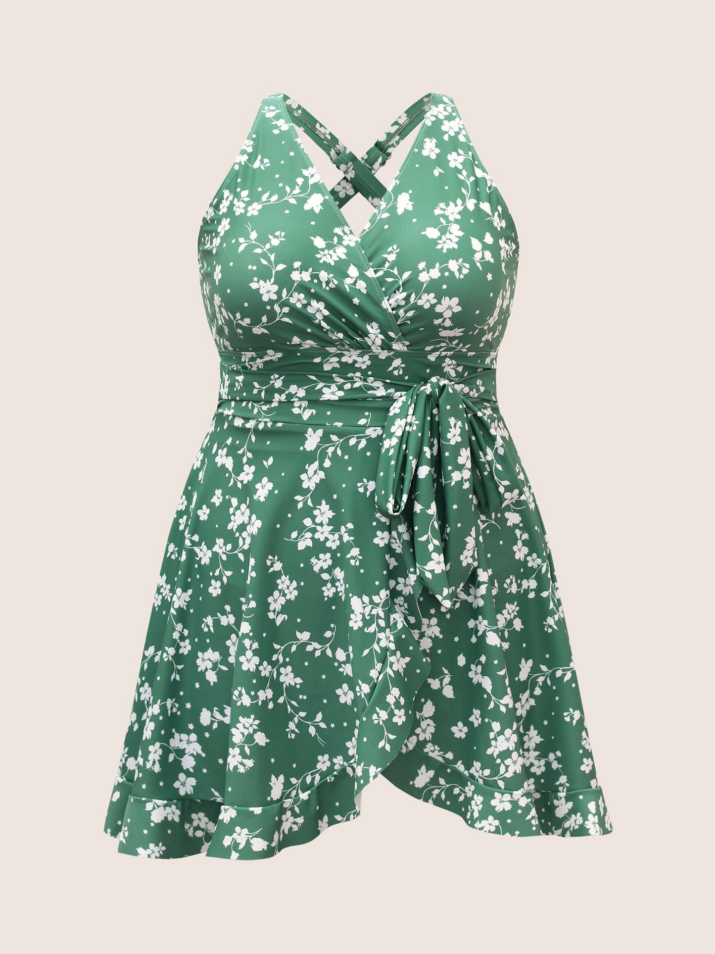 Ditsy Floral Overlap Collar Tie Knot Swim Dress
