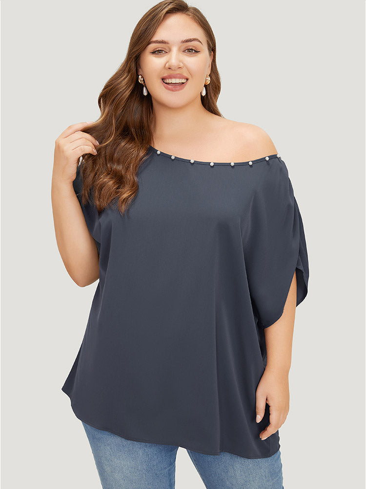 Solid Pearl Beaded Ruched Sleeve Blouse