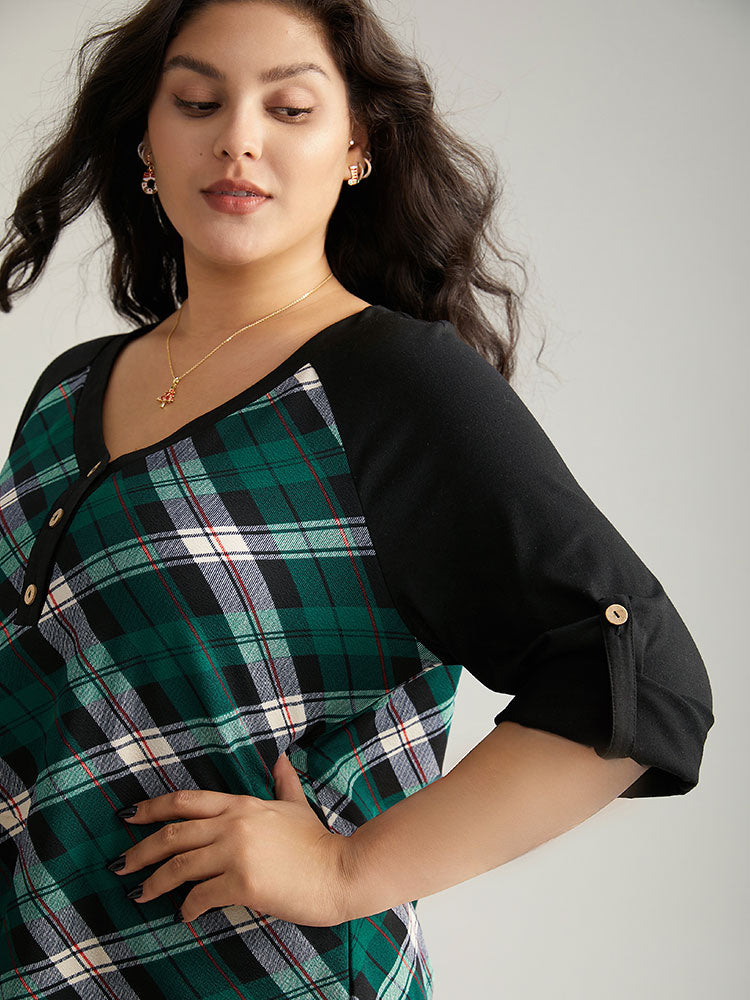 Plaid Contrast Roll Raglan Sleeve T-shirt