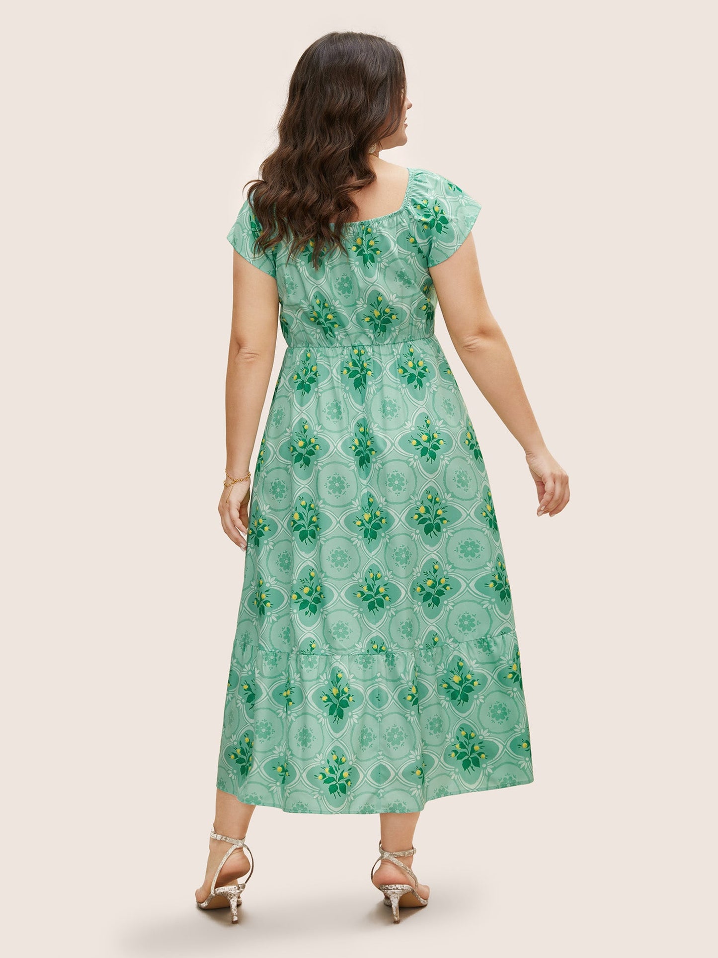 Moroccan Print Ruffle Cap Sleeve Maxi Dress
