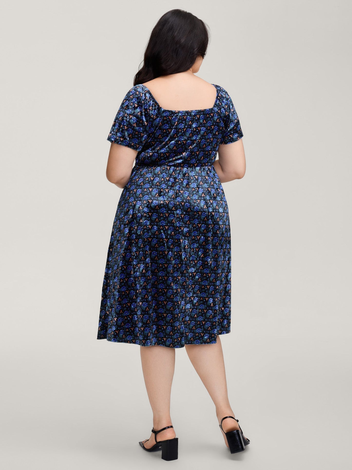 Velvet Floral Gathered Bodice Midi Dress