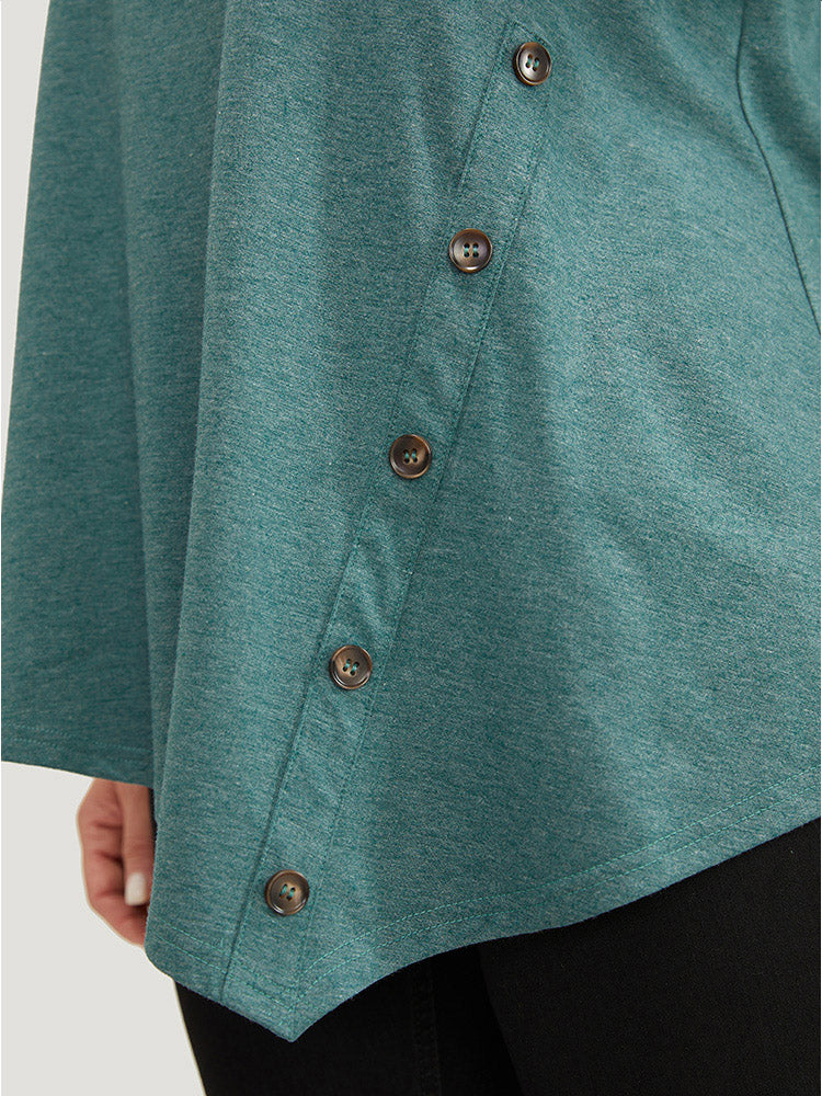 Solid Asymmetrical Hem Button Detail Ruffles T-shirt