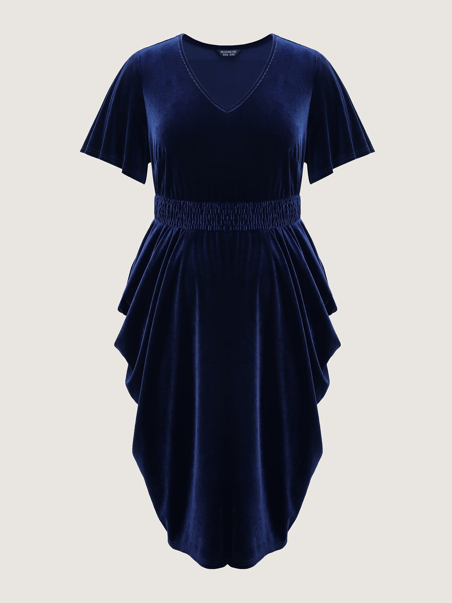 Velvet Shirred Waist Asymmetrical Hem Midi Dress