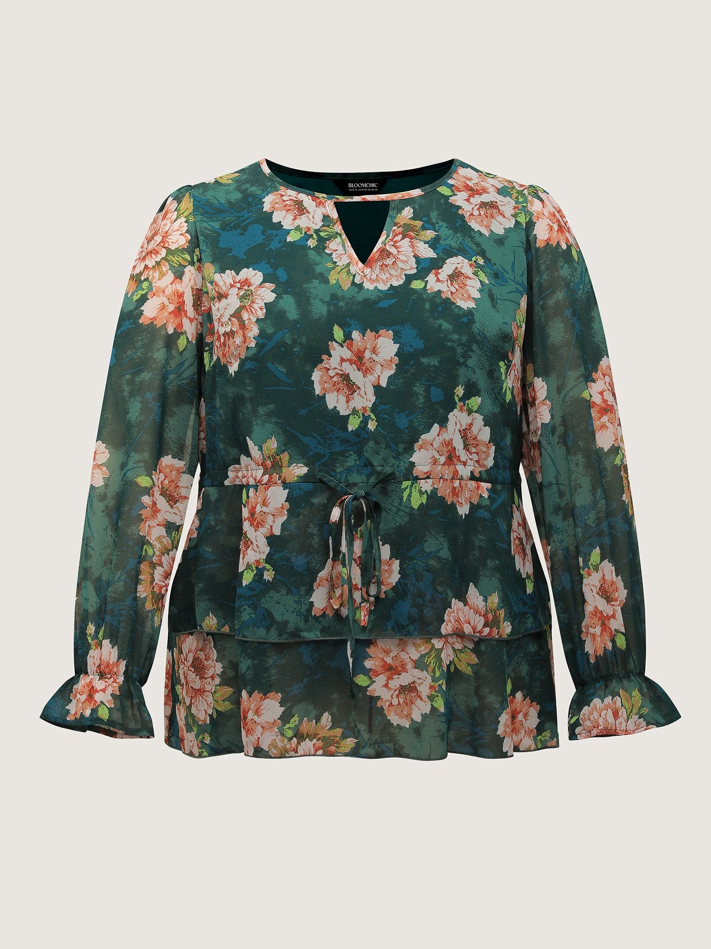 Sheer Floral Print Tie Flared Blouse
