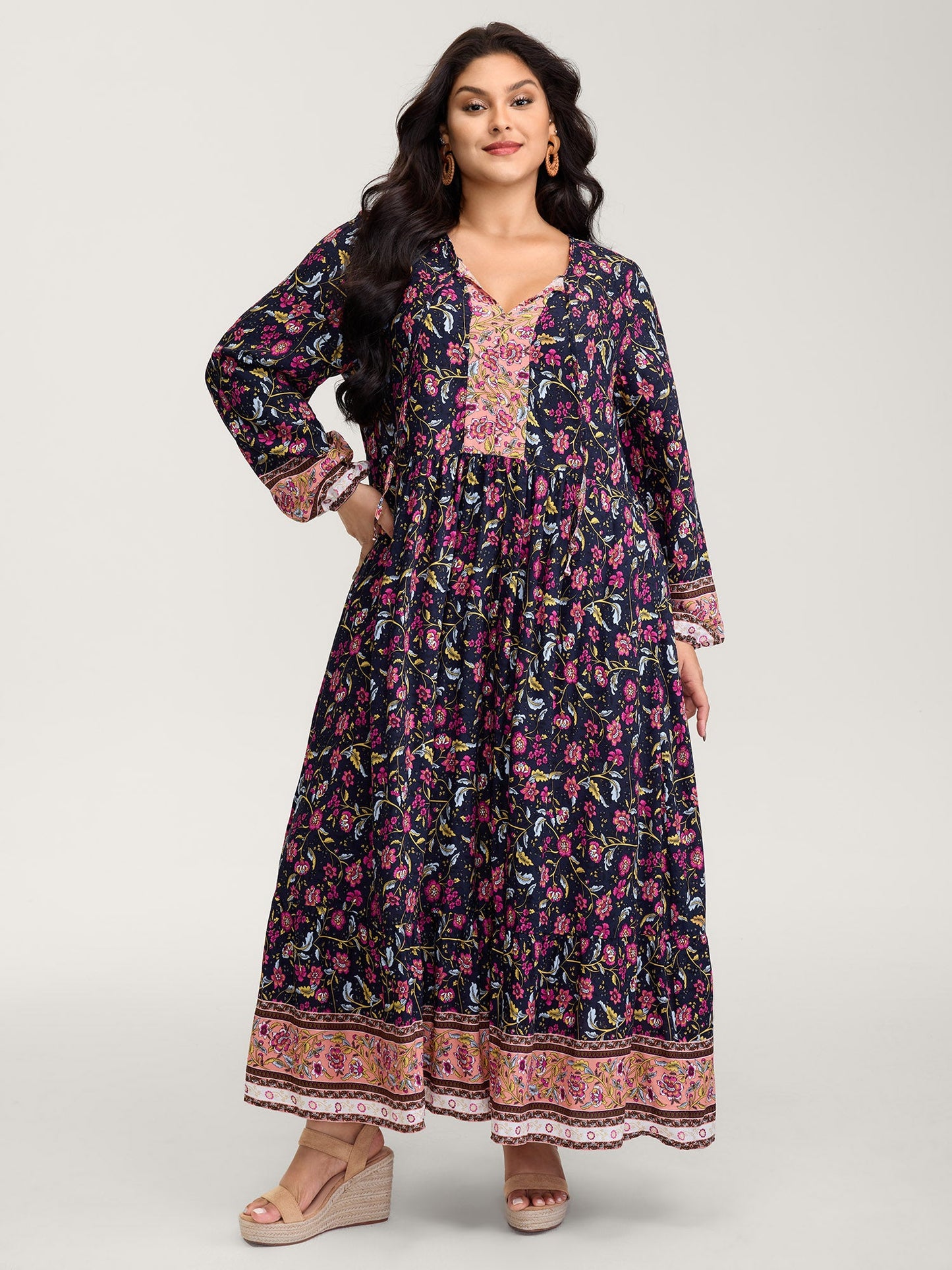 Floral Print Pockets Adjustable Neckline Maxi Dress