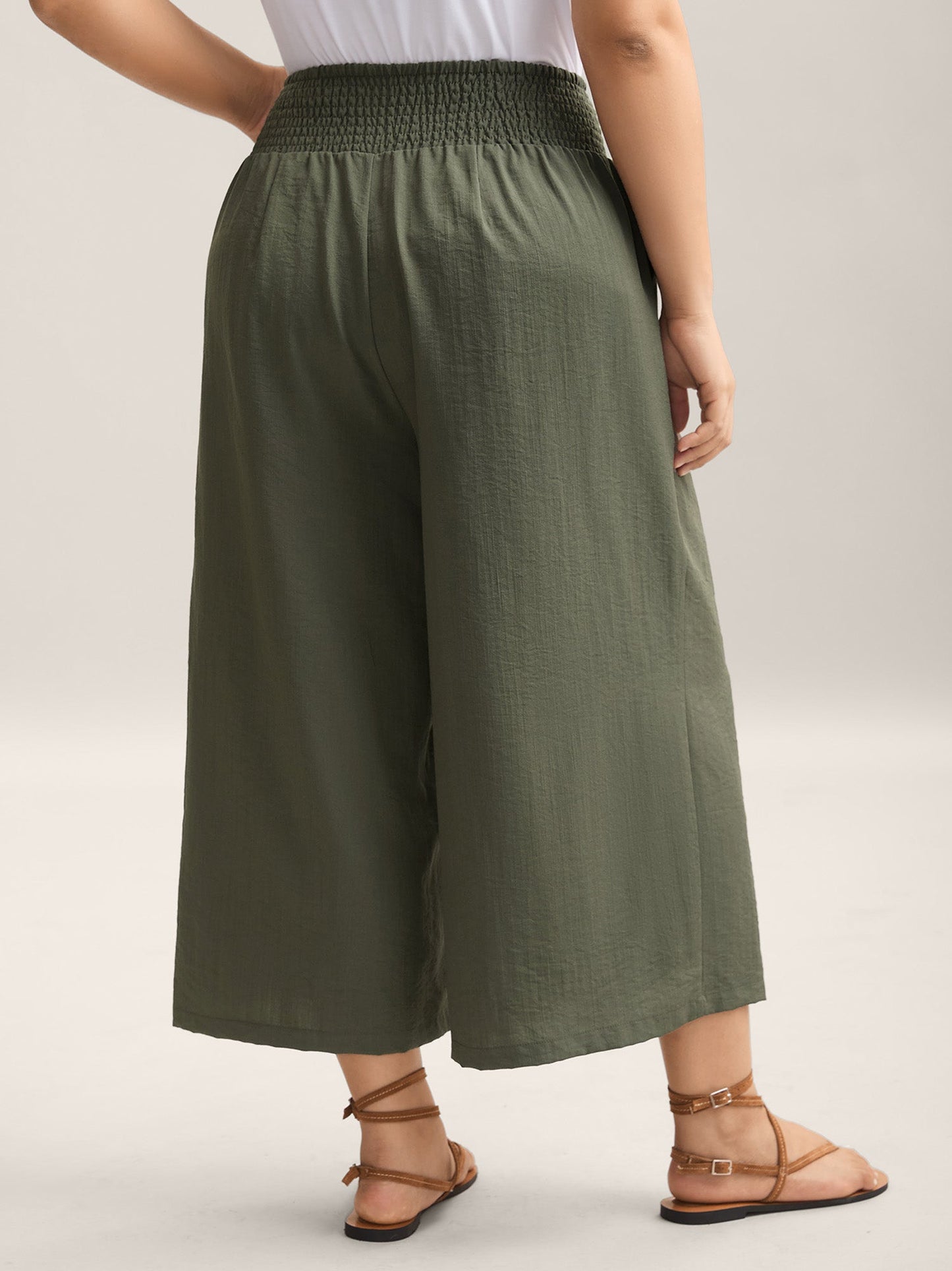 Shirred Waist Wide-Leg Solid Pants