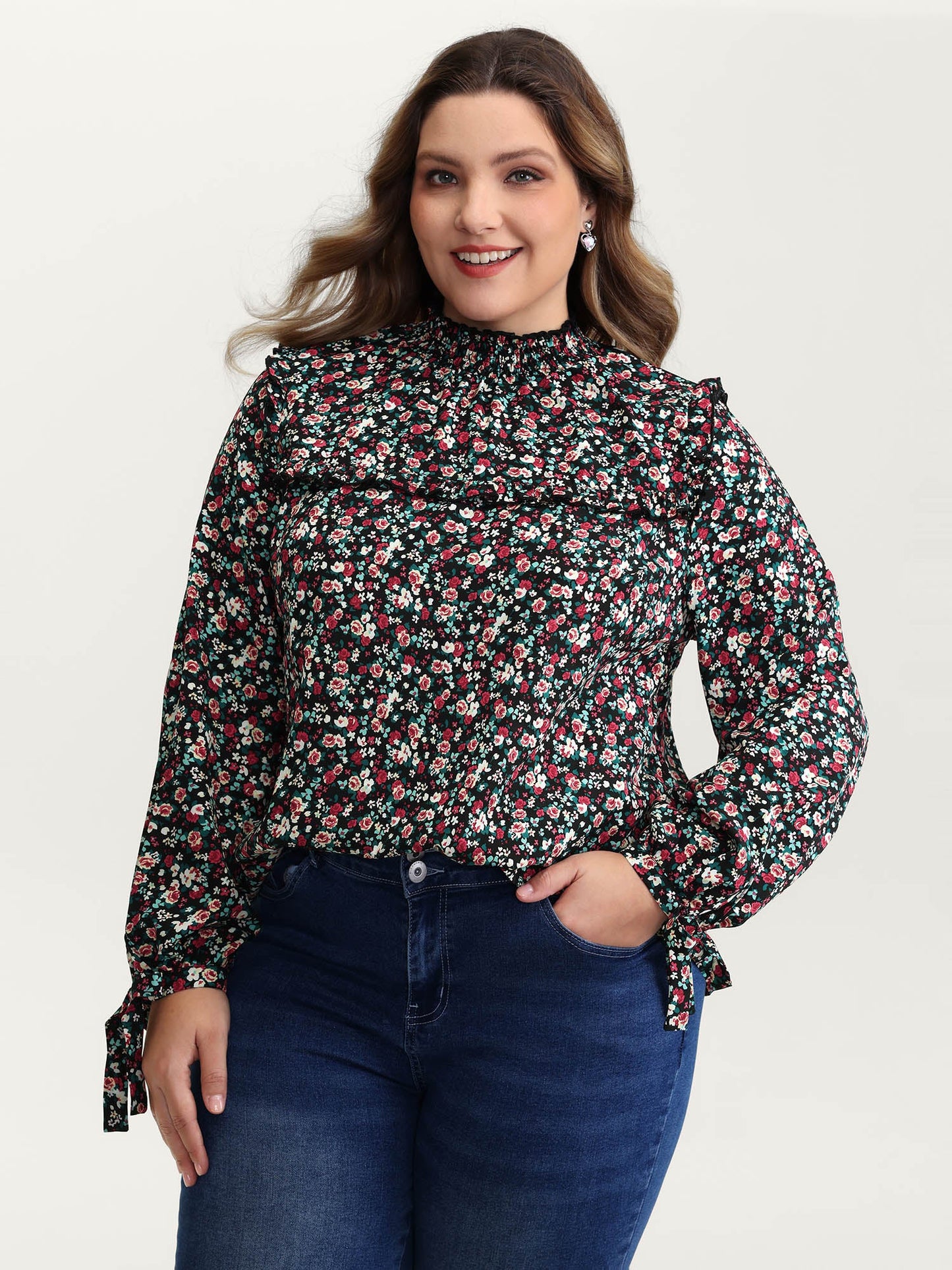Floral Print Shirred Sleeve Tie Blouse
