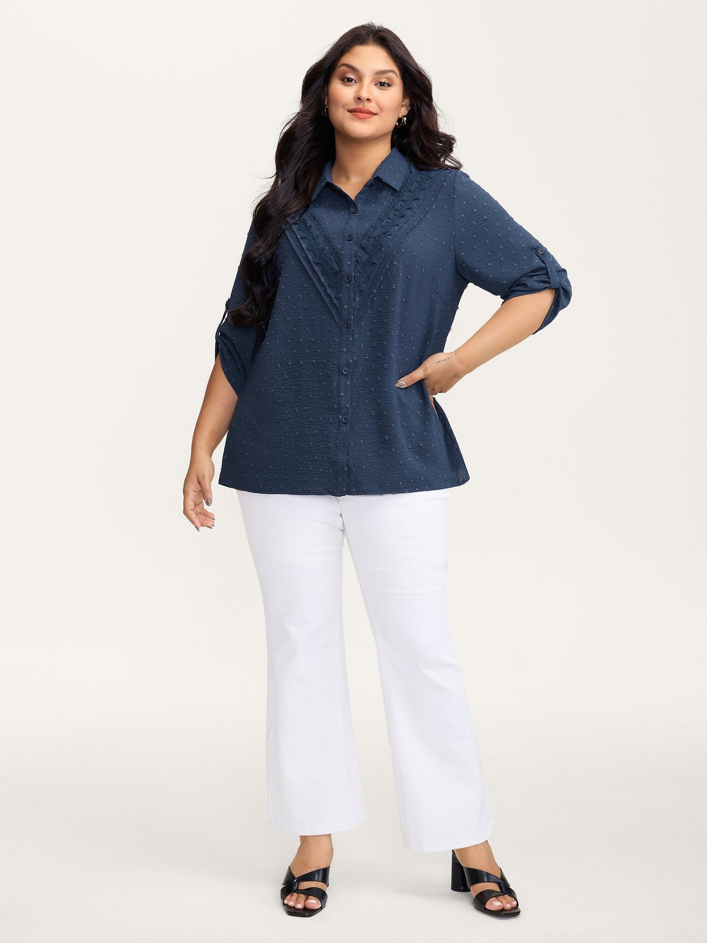 Textured Lace Trim Button-Down Shirt