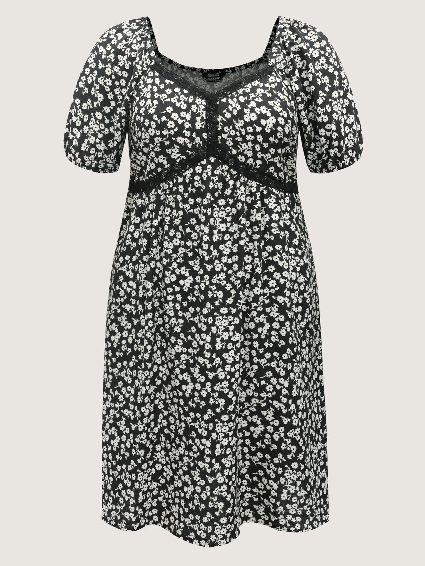 Ditsy Floral Print Lace Detail Midi Dress