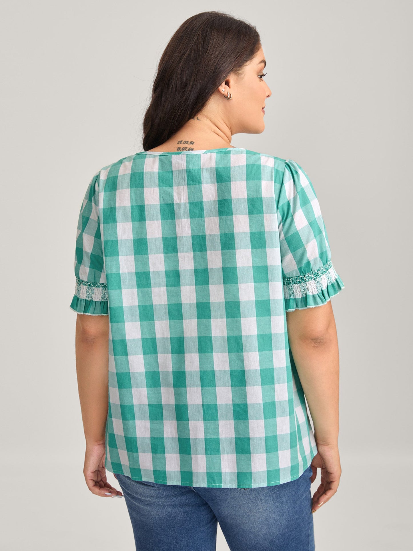 Cotton Plaid Print Shirred Neck Puffy Blouse