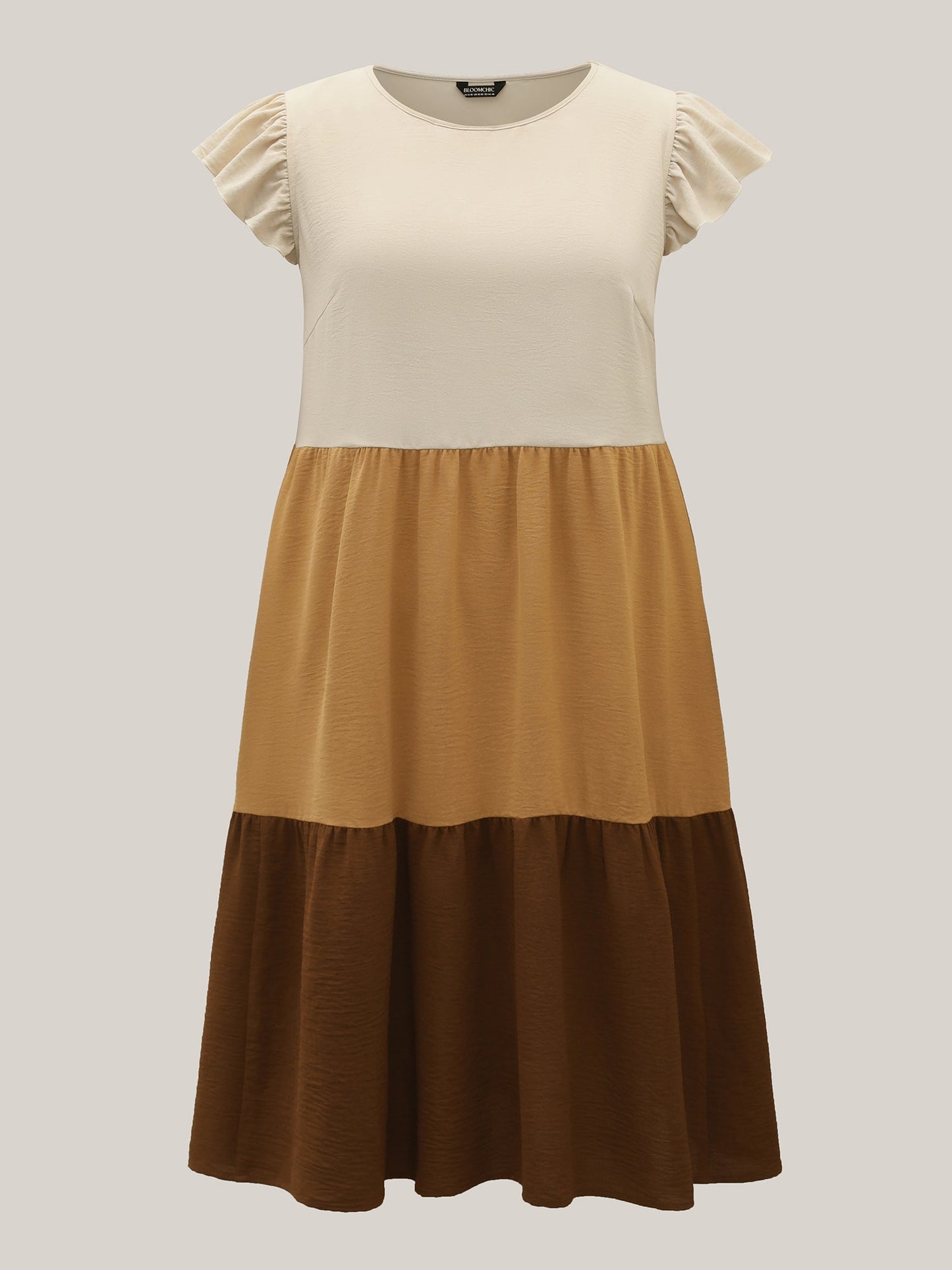 Color Block Ruffled Sleeve Tiered Midi Dress