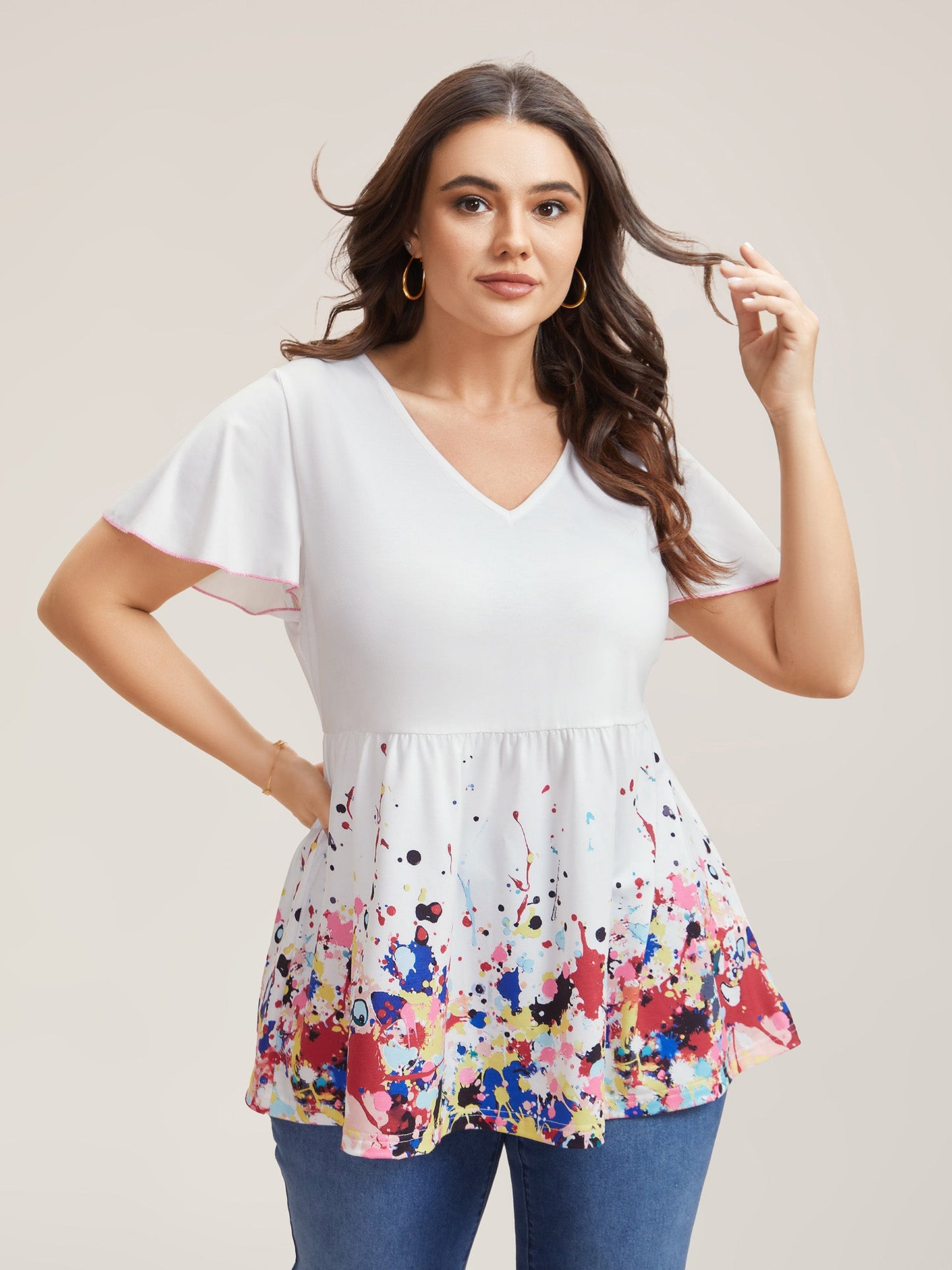 Color Splash Stretchy Flutter Sleeve Plain Top