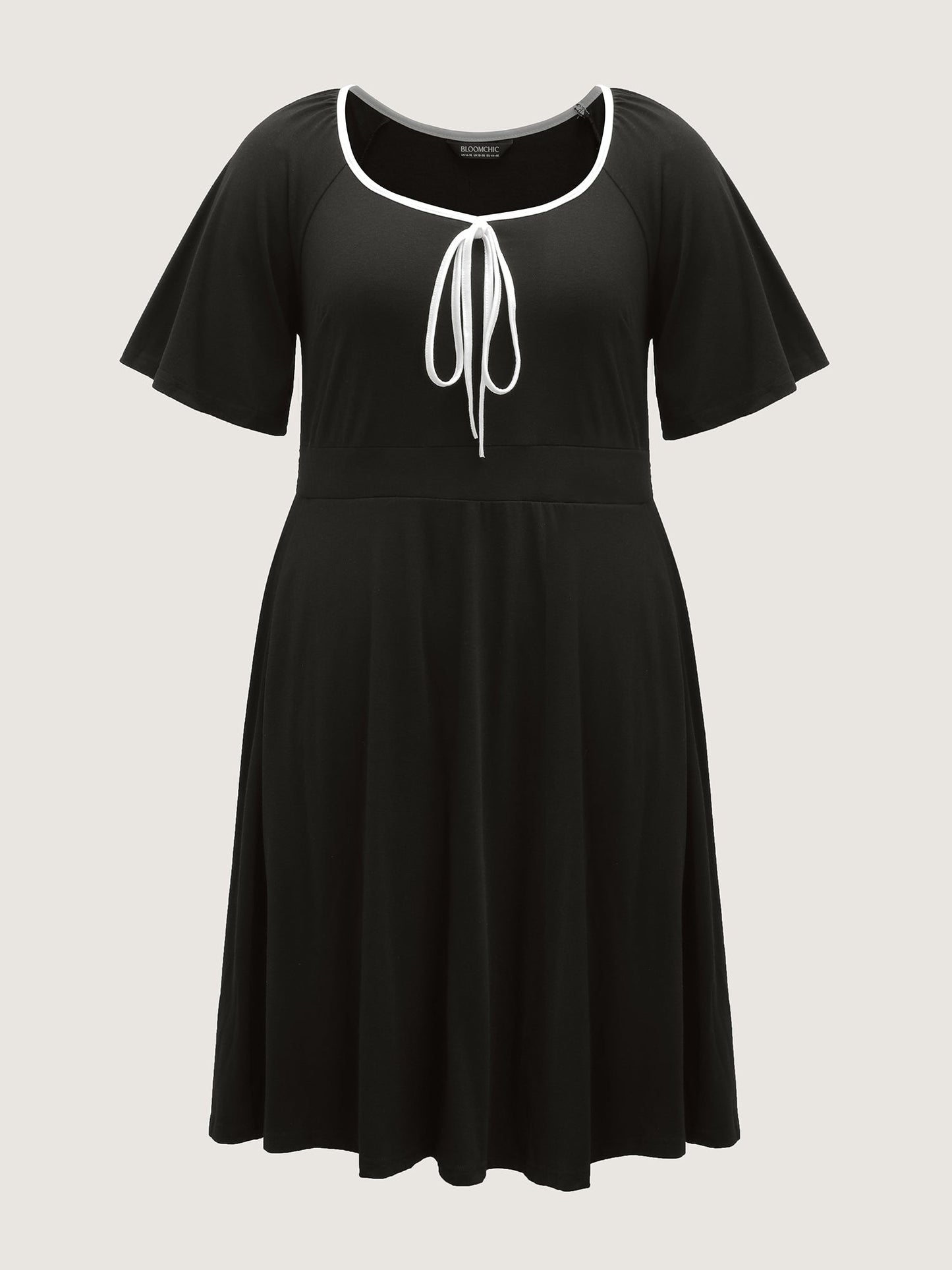 Neck Bow-Tie Contrast Pockets Midi Dress