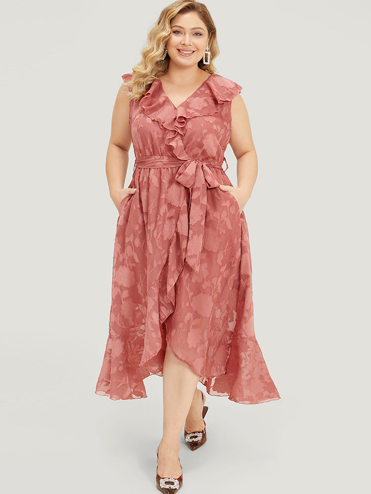 Floral Print Ruffle Trim Wrap Belted Asymmetrical Tank Dress
