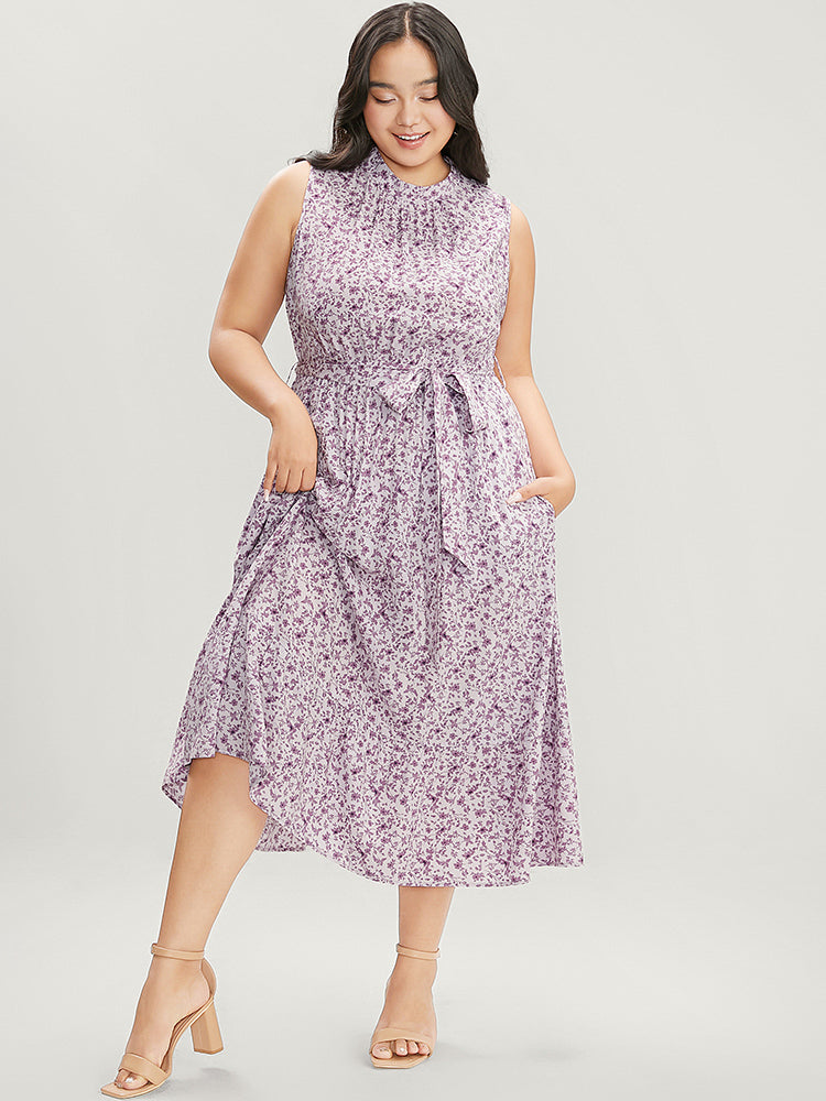 Ditsy Floral Keyhole Pocket Belted Mock Neck Ruffles Dress
