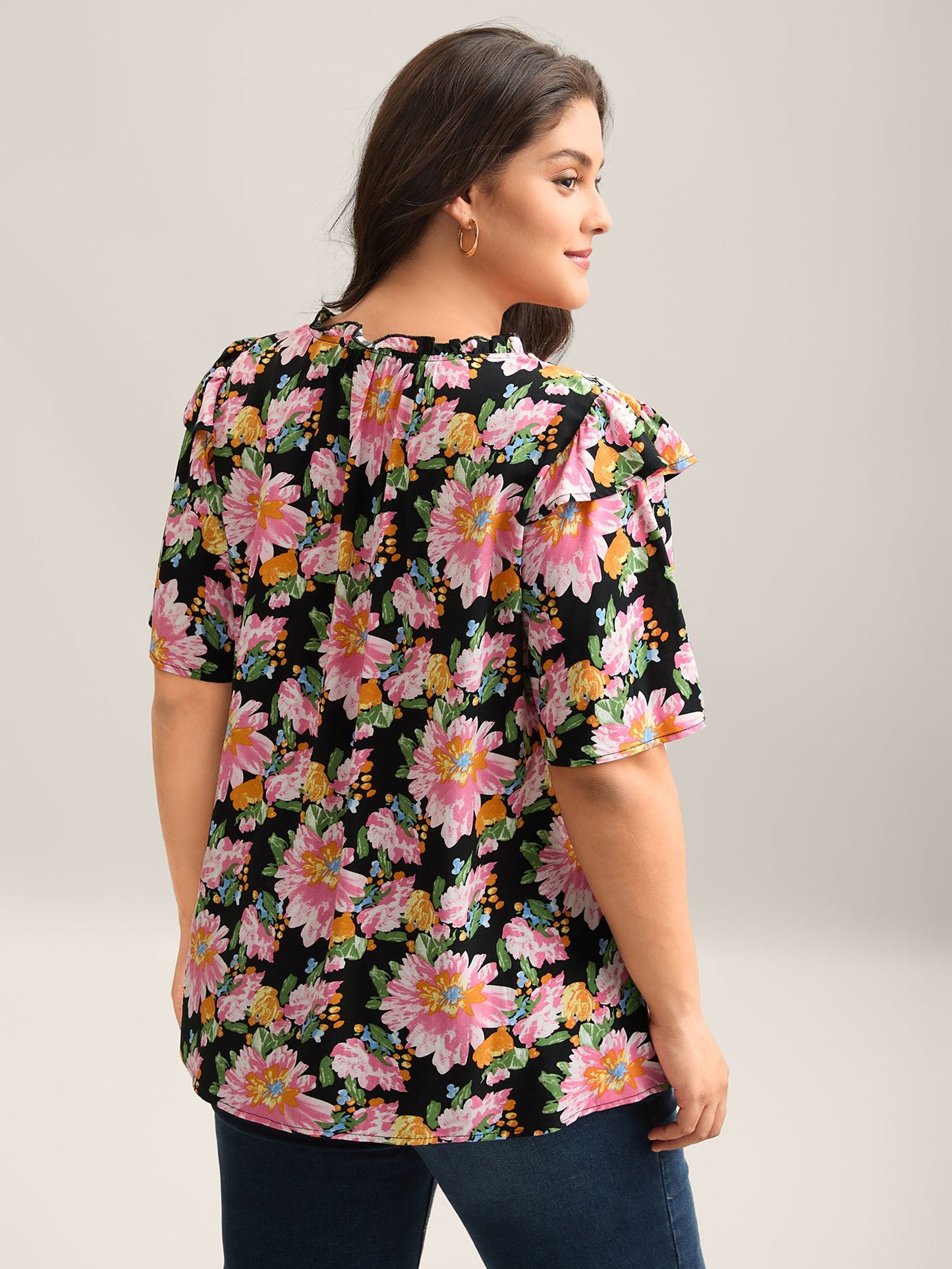 Large Flower Print Layered Sleeve Shirt