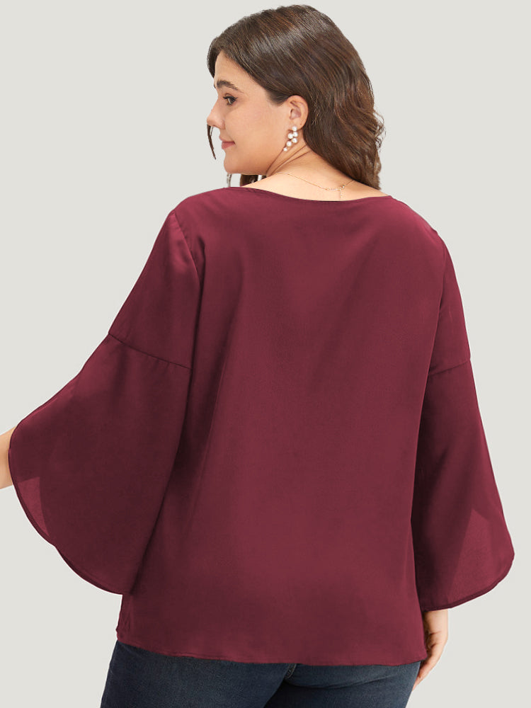 Plain Wrap Flutter Sleeve Crew Neck Blouse