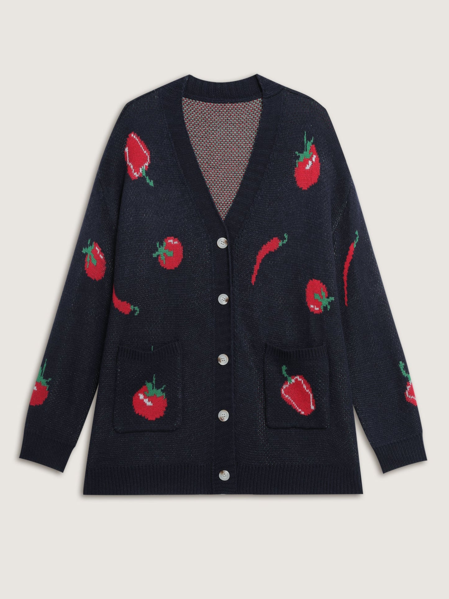 Tomato Chili Print Button Knit Cardigan