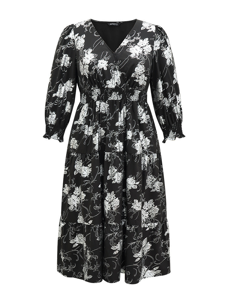 Silhouette Floral Print Glitter Wrap Shirred Dress