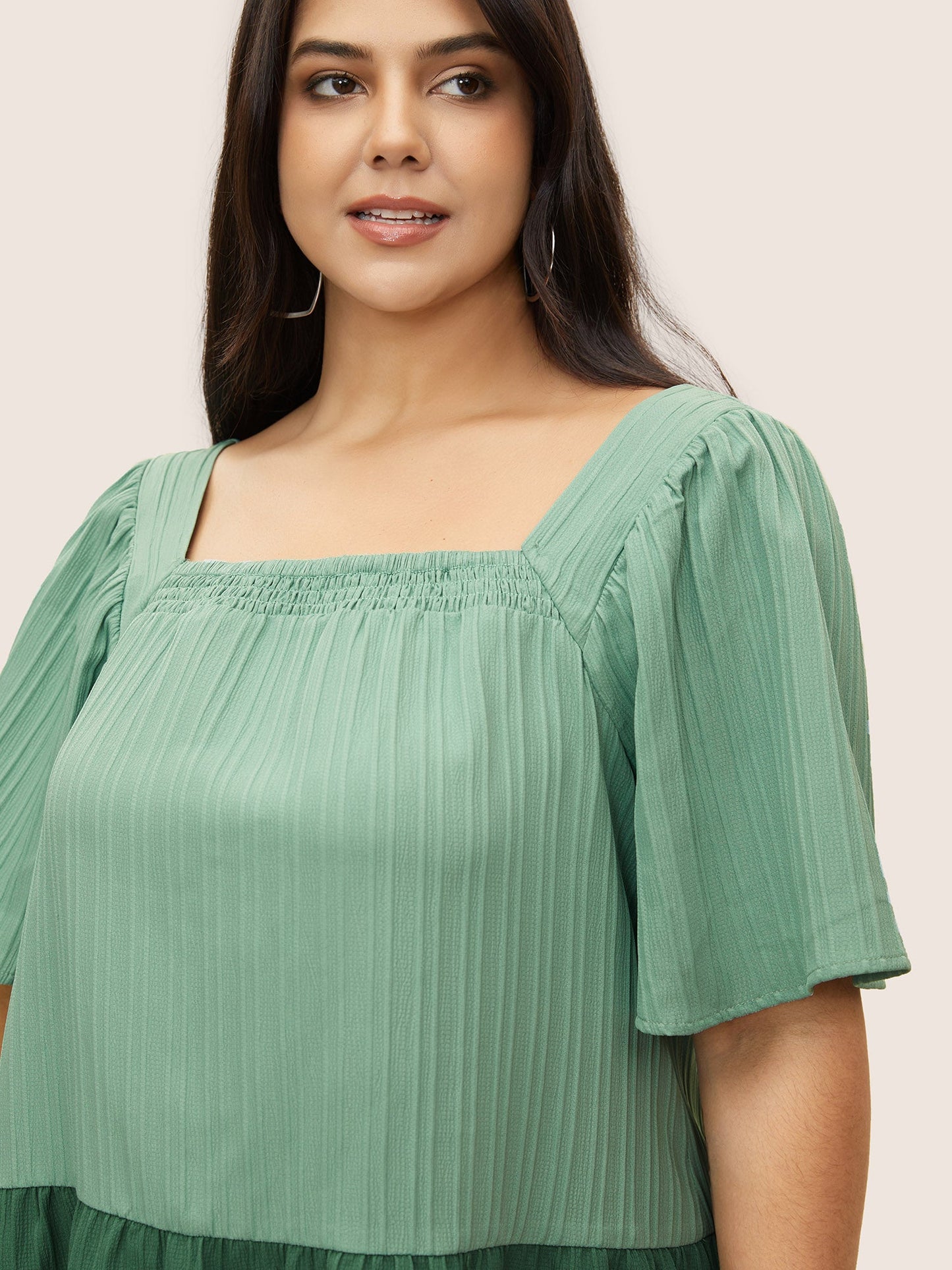Two Tone Textured Shirred Patchwork Ruffles Hem Blouse