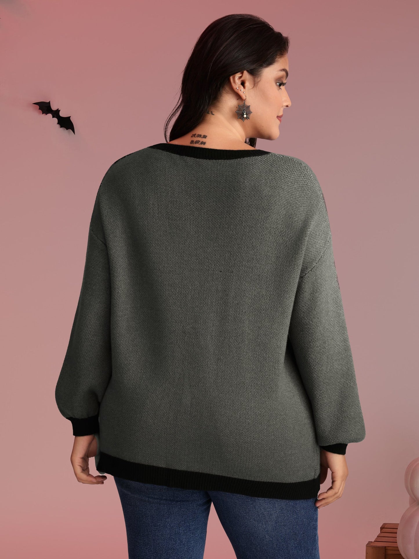 Halloween Cat Print Contrast Pullover