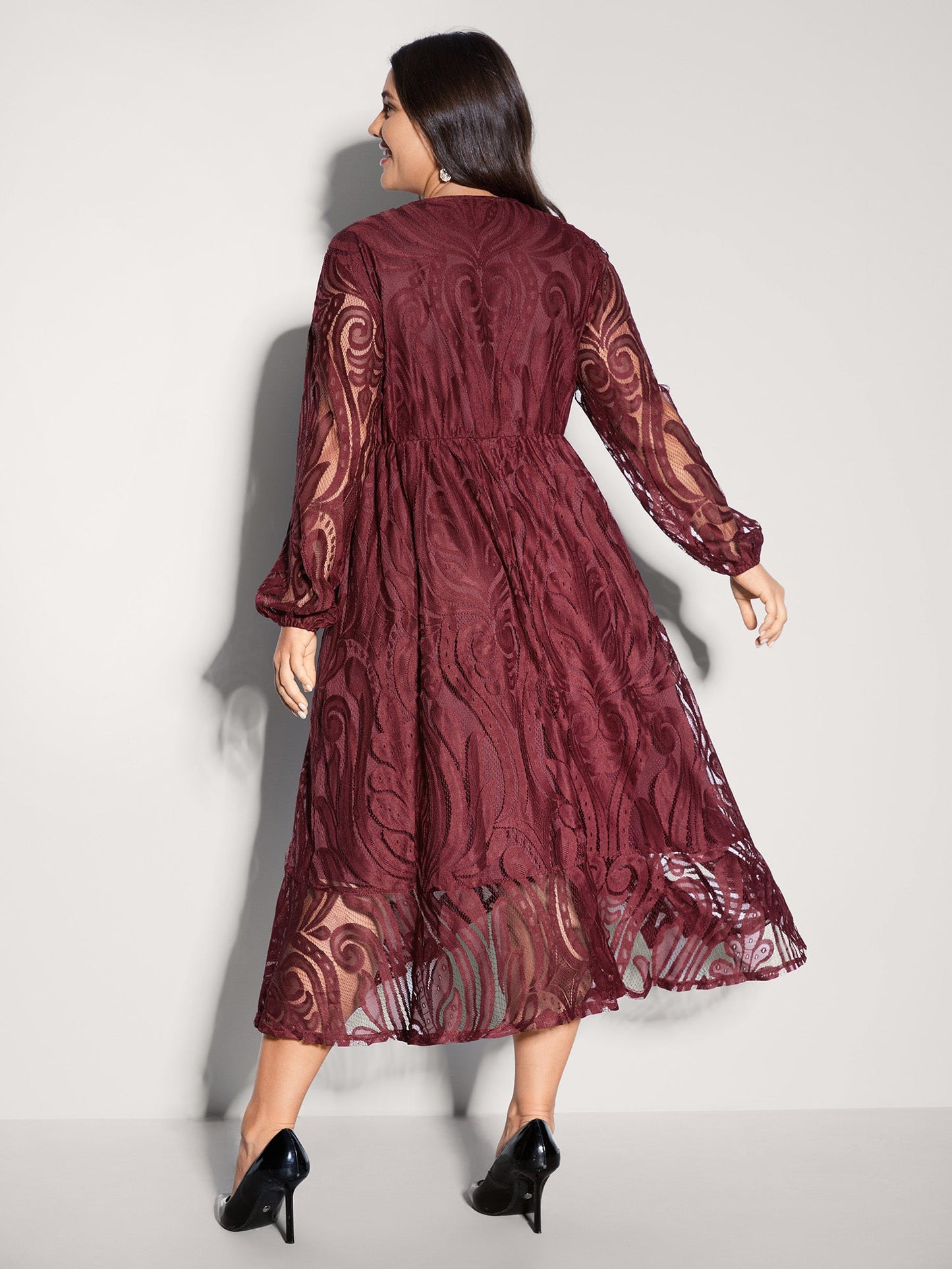 Textured Sheer Lace Midi Dress
