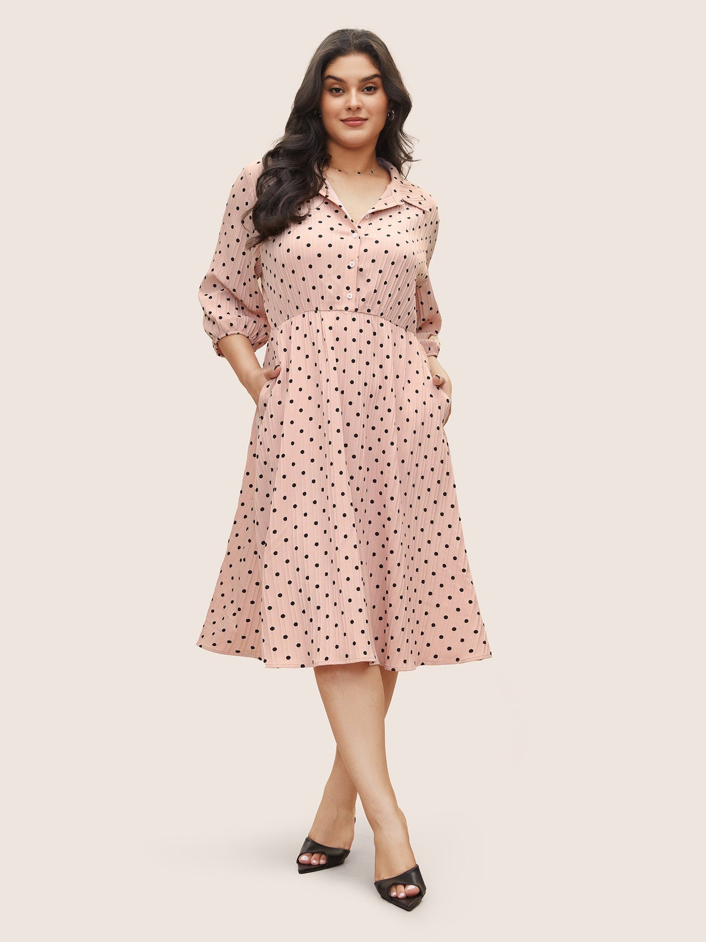 Polka Dot Textured Elastic Waist Button Up Dress