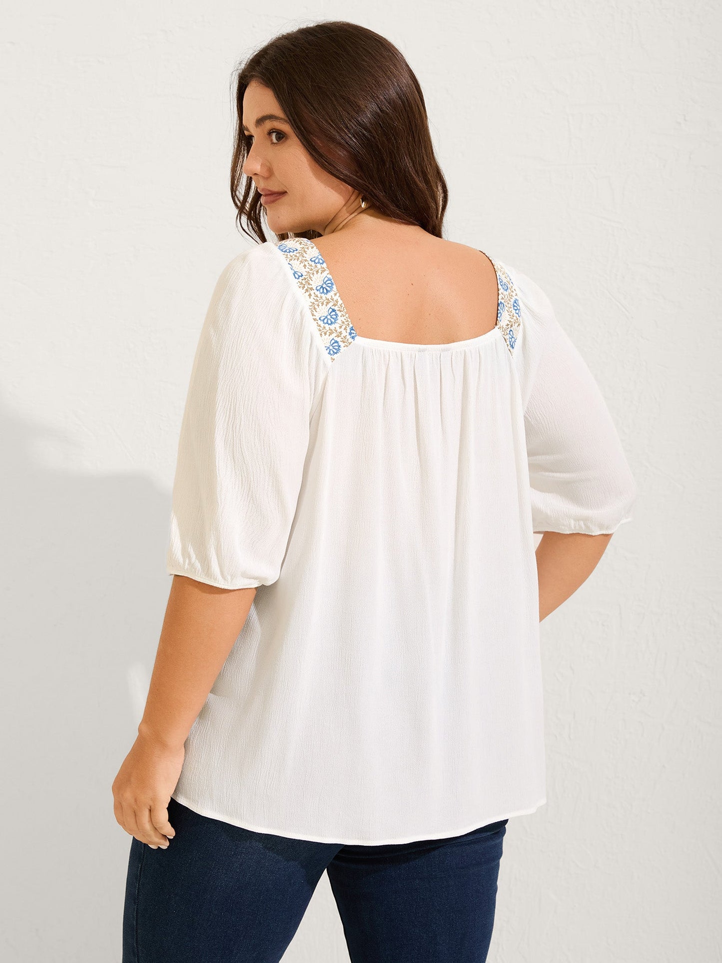 Boho Spliced Neck Pleated Plain Blouse