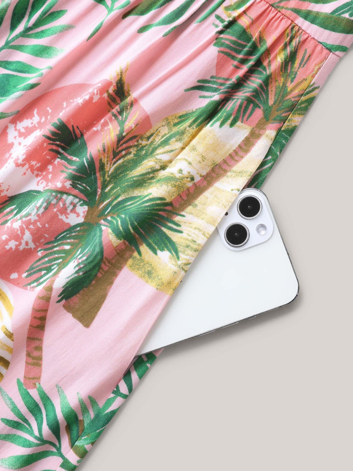 Tropical Print Cinched-Waist Pockets Midi Dress