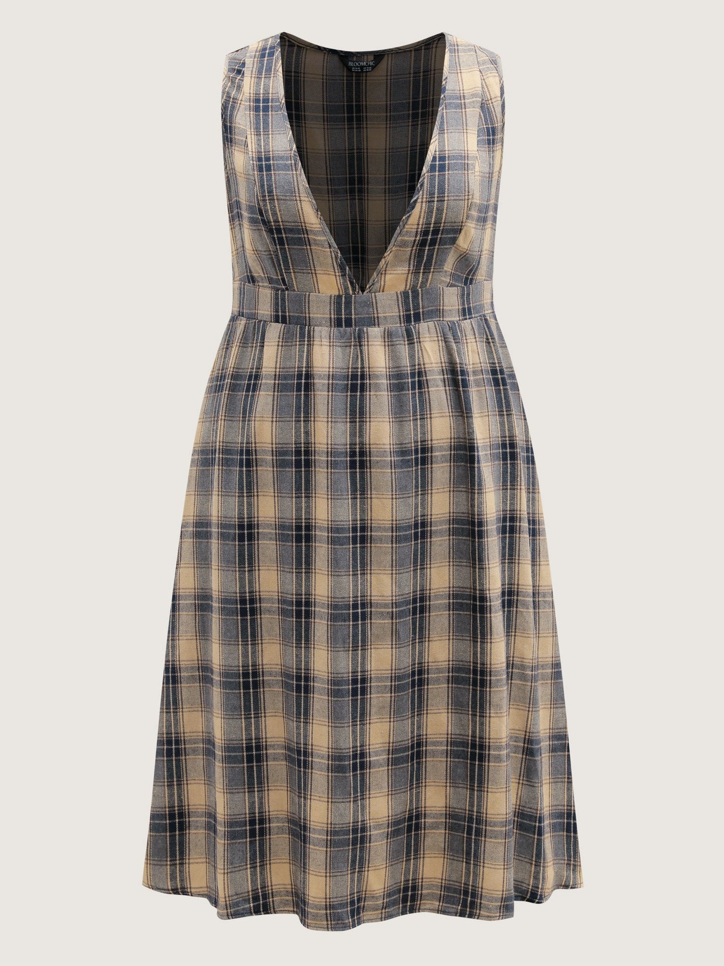 Plaid Pattern Deep V-Neckline Midi Dress