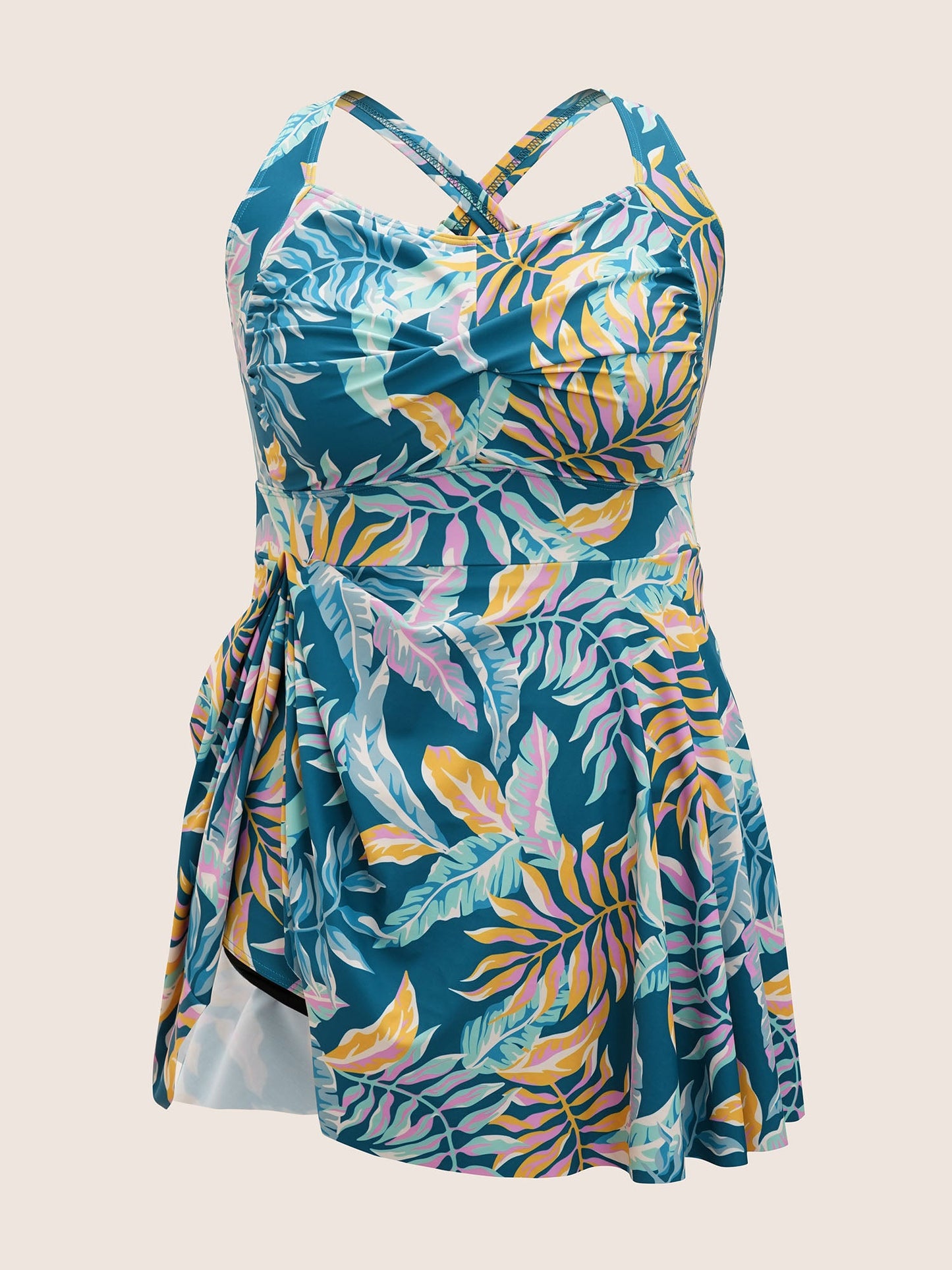 Heart Neckline Tropical Print Twist Front Swim Dress