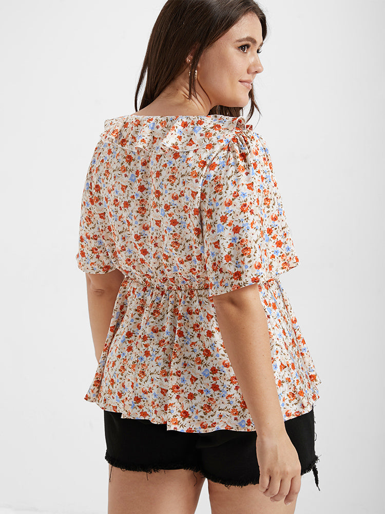 Ditsy Floral V Neck Ruffle Tie Front Blouse
